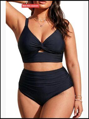 Women Plus Size High Waisted Bikini Set Tummy Control Knot Twist Swimsuit